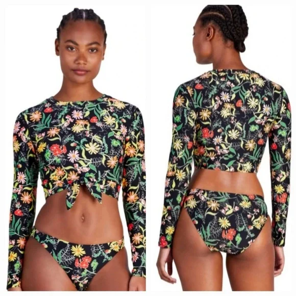 Kate Spade Rooftop Garden Cropped Long Sleeve Rash Guard Top & Bikini Bottom M - Picture 1 of 11